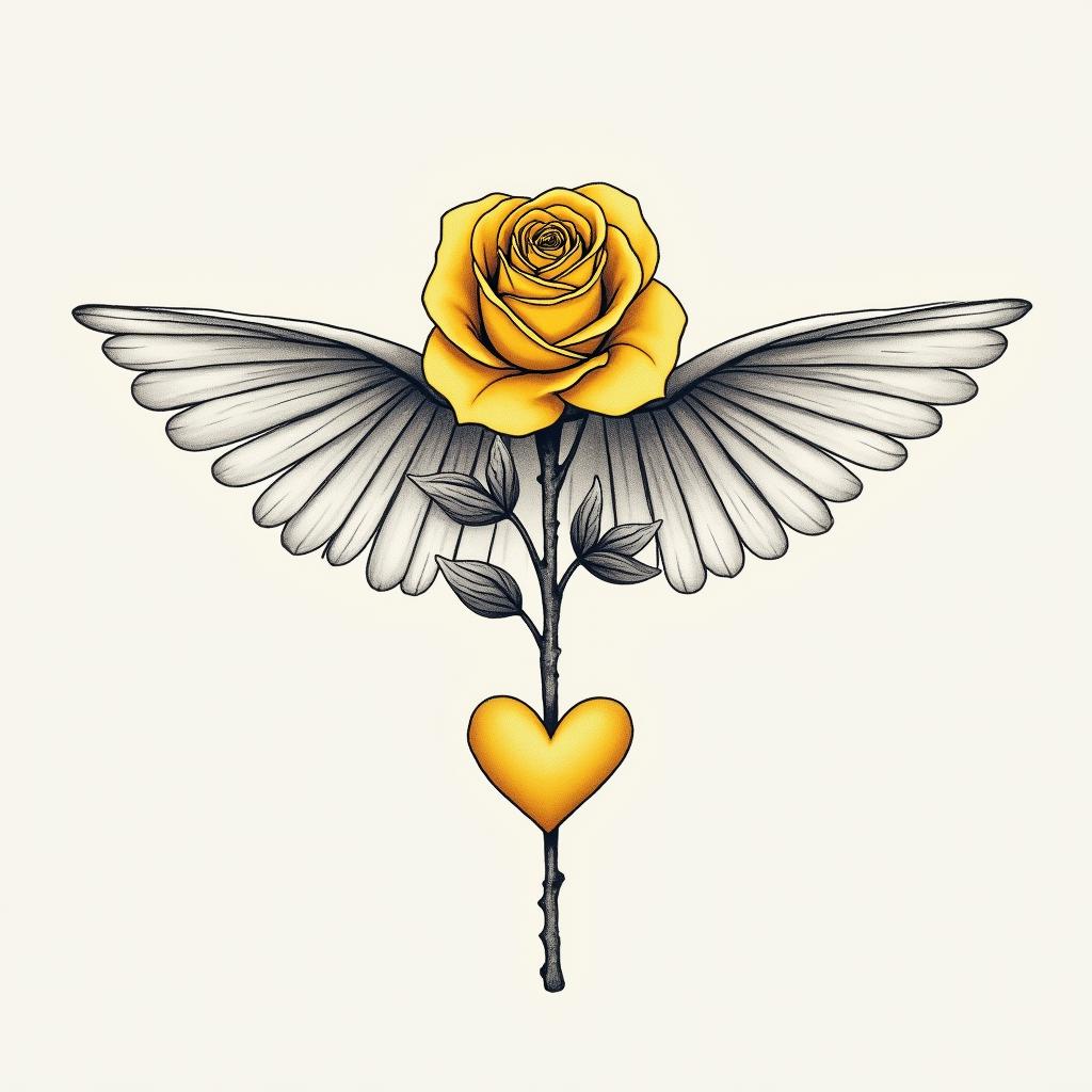 Yellow rose with angle wings displayed on the side of body. Rose vertical; wings vertical and sidewaysin Modest style tattoo, featuring soft, delicate line work with simple and meaningful symbols, gentle waves, a heart, evoking a sense of serenity and grace, - Variation 4