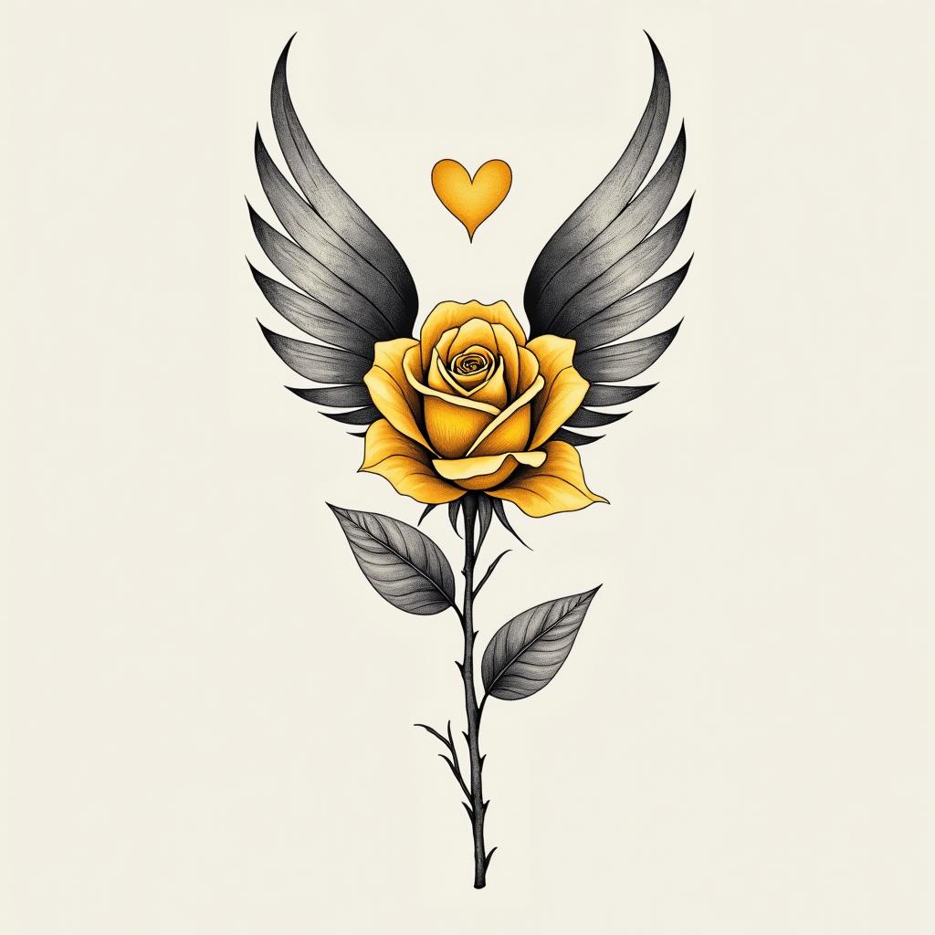 Yellow rose with angle wings displayed on the side of body. Rose vertical; wings vertical and sidewaysin Modest style tattoo, featuring soft, delicate line work with simple and meaningful symbols, gentle waves, a heart, evoking a sense of serenity and grace, - Variation 2