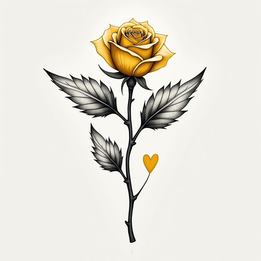Yellow rose with angle wings displayed on the side of body. Rose vertical; wings vertical and sidewaysin Modest style tattoo, featuring soft, delicate line work with simple and meaningful symbols, gentle waves, a heart, evoking a sense of serenity and grace, - Variation 3