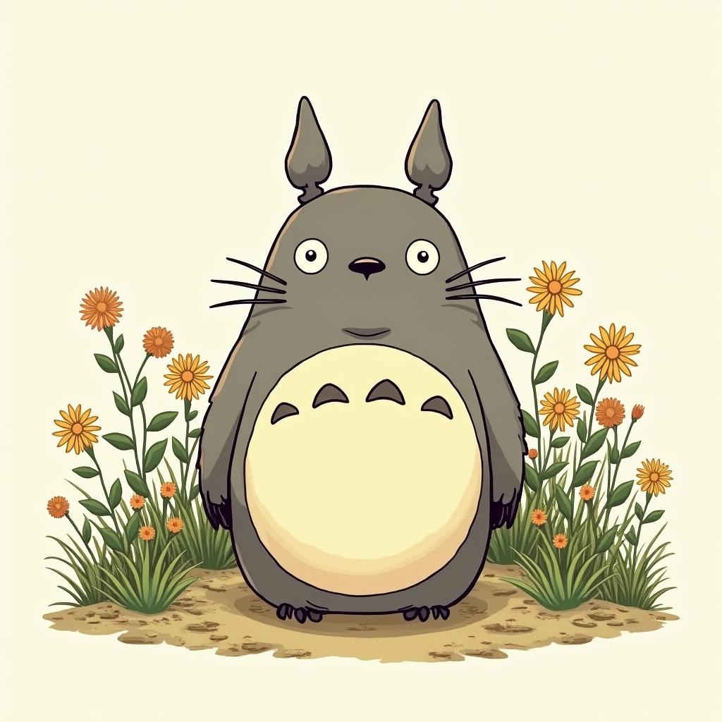 Totoro gardeningGhibli, Studio Ghibli aesthetic, hand-drawn anime style, retro nostalgic atmosphere, retro soft pastel color palette with earthy tones, retro Japanese cinematic shot, yellow tint effect, bald character, smooth surface, anime shadow 90's anime style - Variation 4