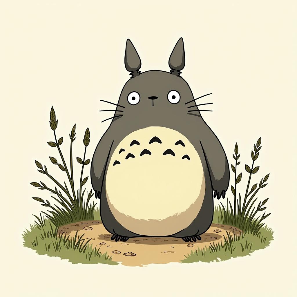 Totoro gardeningGhibli, Studio Ghibli aesthetic, hand-drawn anime style, retro nostalgic atmosphere, retro soft pastel color palette with earthy tones, retro Japanese cinematic shot, yellow tint effect, bald character, smooth surface, anime shadow 90's anime style