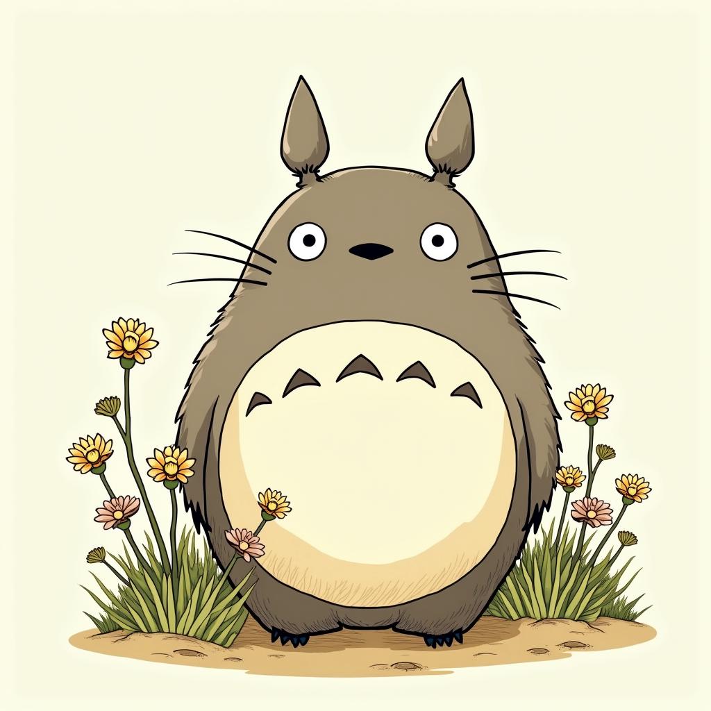 Totoro gardeningGhibli, Studio Ghibli aesthetic, hand-drawn anime style, retro nostalgic atmosphere, retro soft pastel color palette with earthy tones, retro Japanese cinematic shot, yellow tint effect, bald character, smooth surface, anime shadow 90's anime style - Variation 3