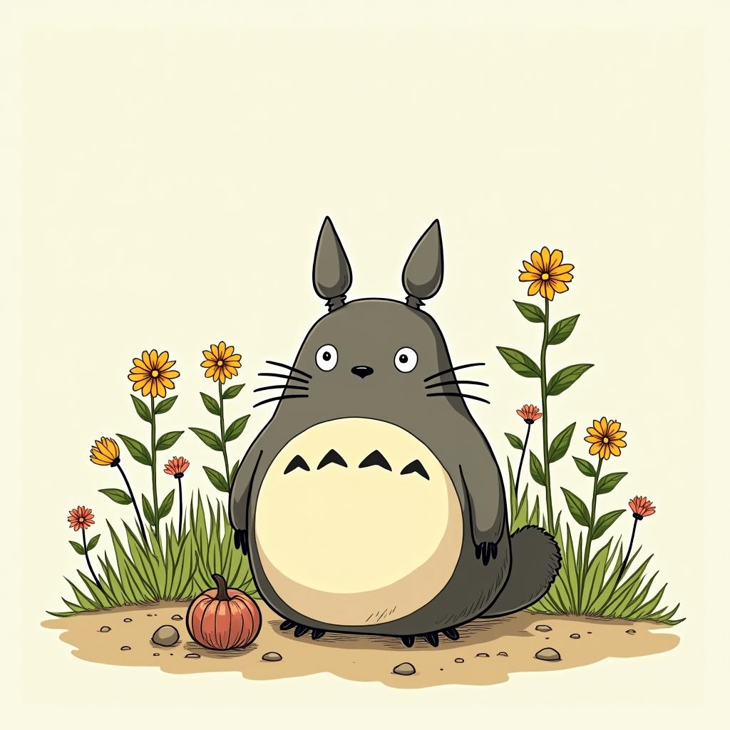 Totoro gardeningGhibli, Studio Ghibli aesthetic, hand-drawn anime style, retro nostalgic atmosphere, retro soft pastel color palette with earthy tones, retro Japanese cinematic shot, yellow tint effect, bald character, smooth surface, anime shadow 90's anime style - Variation 2