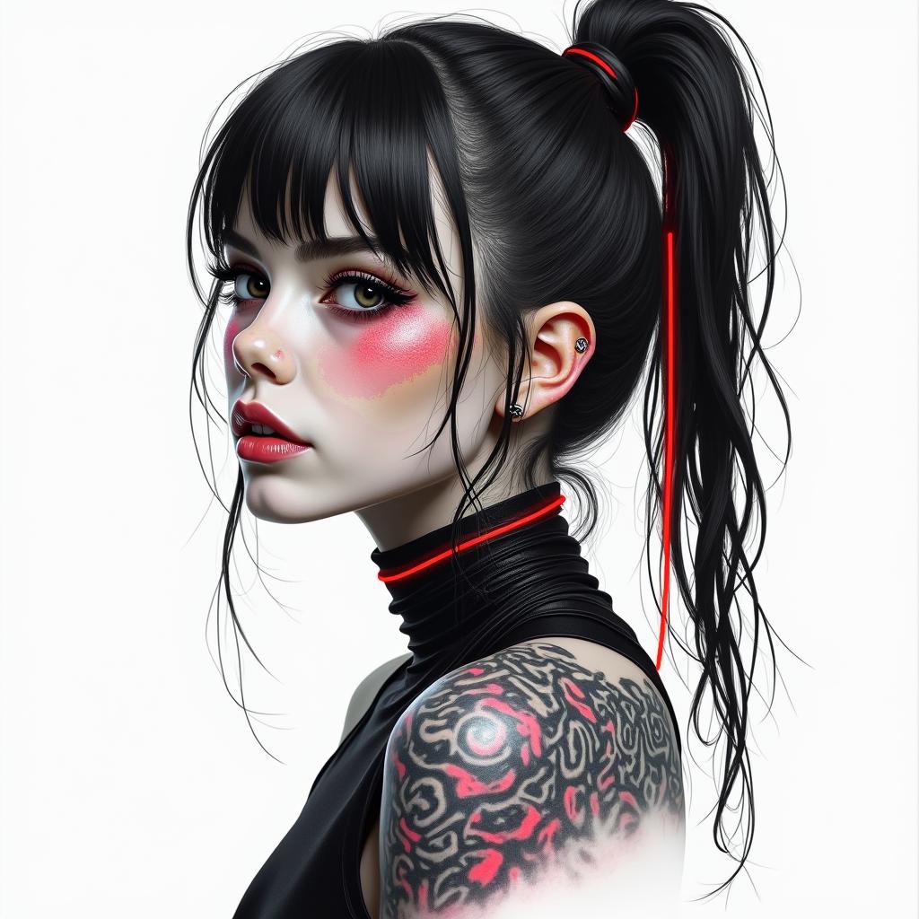 Futuristic cyberpunk girl with neon accentsin portrait tattoo style, featuring a highly realistic and detailed depiction - Variation 4