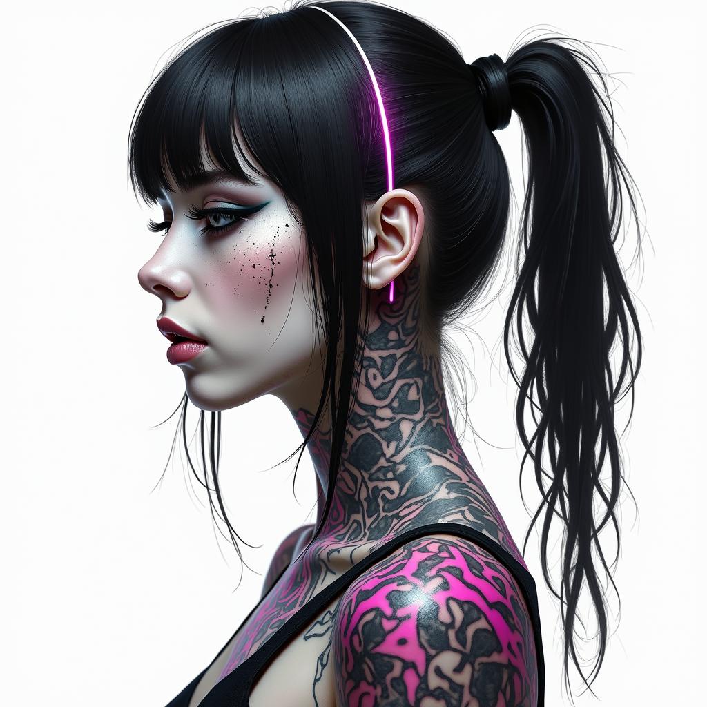 Futuristic cyberpunk girl with neon accentsin portrait tattoo style, featuring a highly realistic and detailed depiction - Variation 3