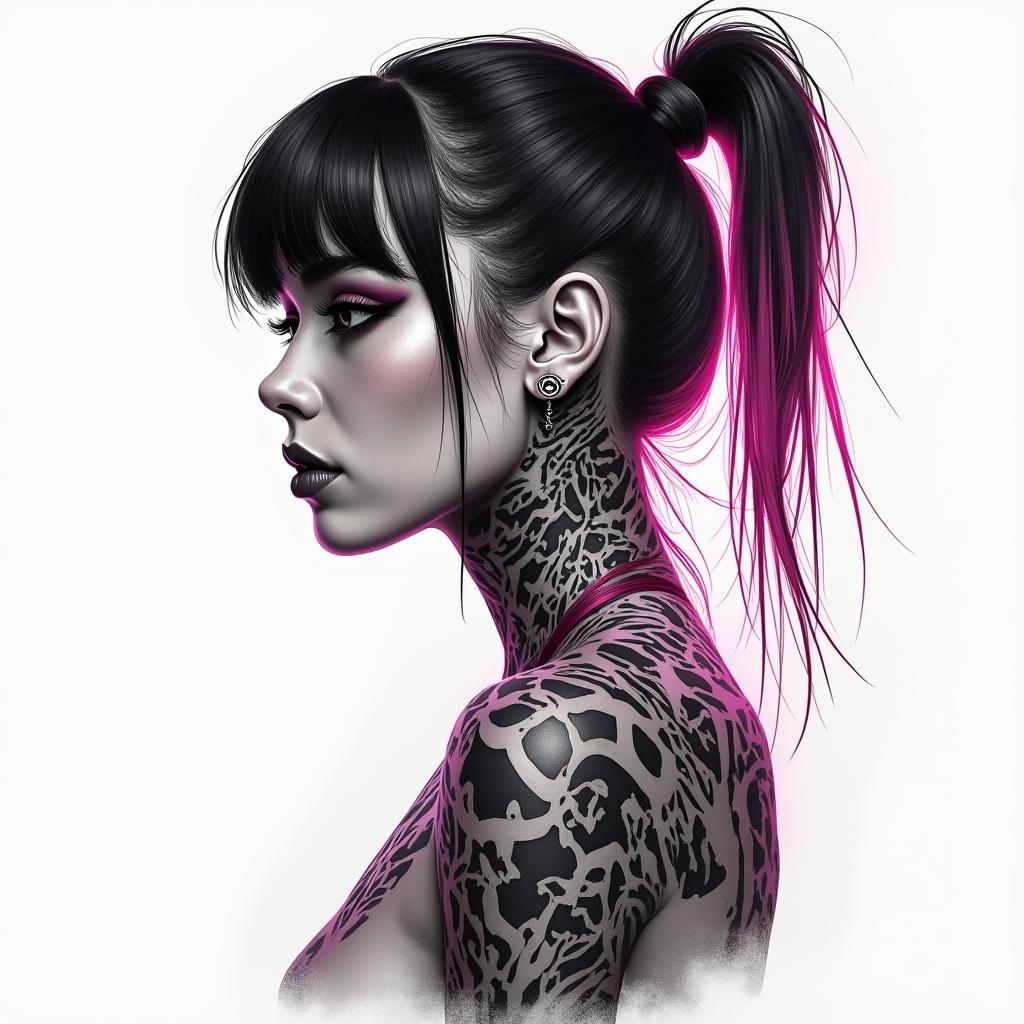 Futuristic cyberpunk girl with neon accentsin portrait tattoo style, featuring a highly realistic and detailed depiction 