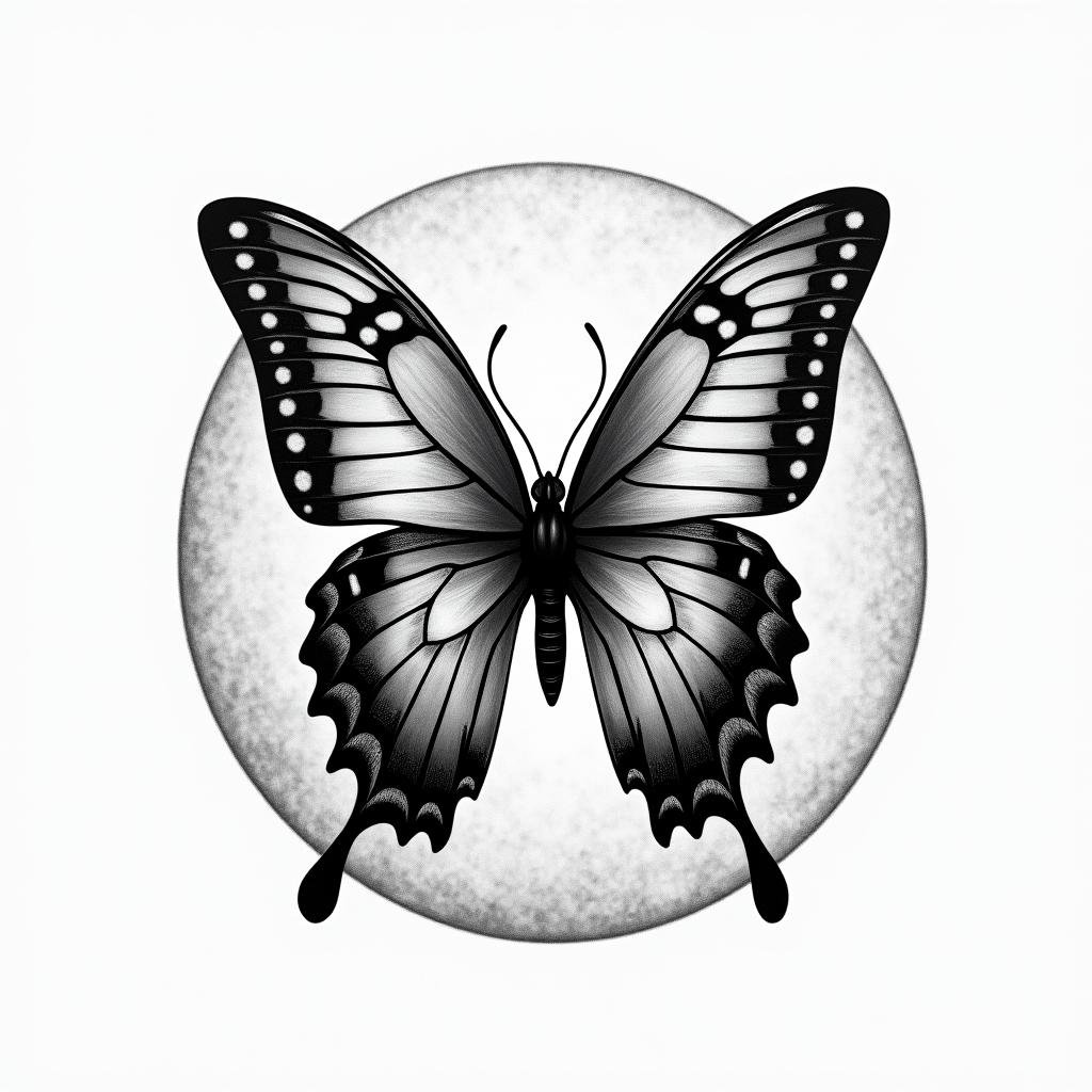 Butterfly, moon, seain portrait tattoo style, featuring a highly realistic and detailed depiction - Variation 2
