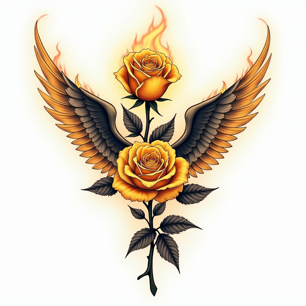 Yellow rose with angle wings displayed on the side of body. Rose vertical; wings vertical and sidewaysin flame tattoo style showcasing fiery elements with dynamic flame patterns, glowing effect of flames, natural colors - Variation 2