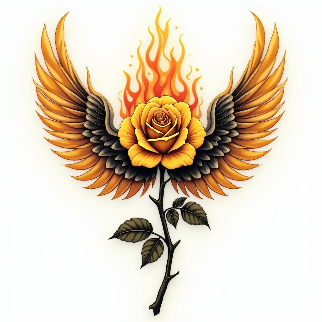 Yellow rose with angle wings displayed on the side of body. Rose vertical; wings vertical and sidewaysin flame tattoo style showcasing fiery elements with dynamic flame patterns, glowing effect of flames, natural colors - Variation 4