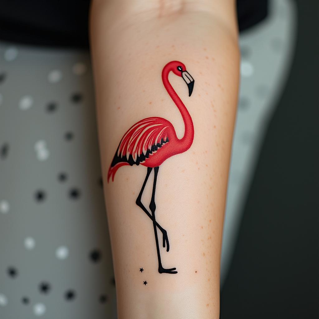 Dandelion flamingo “just breathe”in minimalist style tattoo, featuring simple shapes and fine lines, with minimal shading and details, tiny triangles, creating a sense of balance and harmony