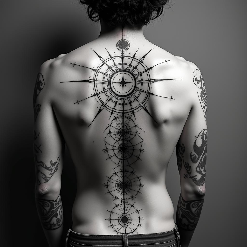 Bielefeld, Sven, 20.4.79in prophecy tattoo style, featuring mystical symbols, celestial imagery like stars, moons, suns, geometric patterns, foretelling elements, an eye of wisdom - Variation 4