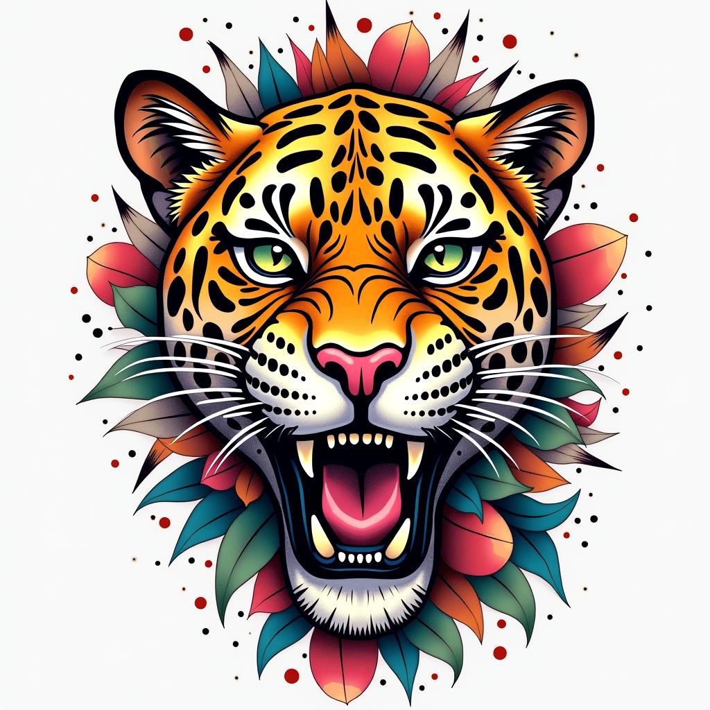 Jaguar tattoo with the Fibonacci sequencein pop art style tattoo, featuring bold and vibrant colors, exaggerated outlines, iconic imagery, inspired by comic books and speech bubbles, comic book characters, retro pop culture - Variation 3