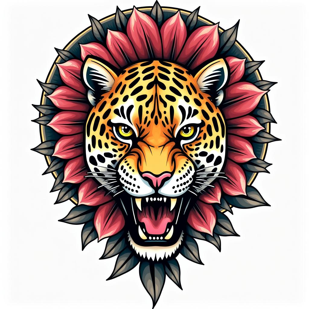 Jaguar tattoo with the Fibonacci sequencein pop art style tattoo, featuring bold and vibrant colors, exaggerated outlines, iconic imagery, inspired by comic books and speech bubbles, comic book characters, retro pop culture - Variation 4