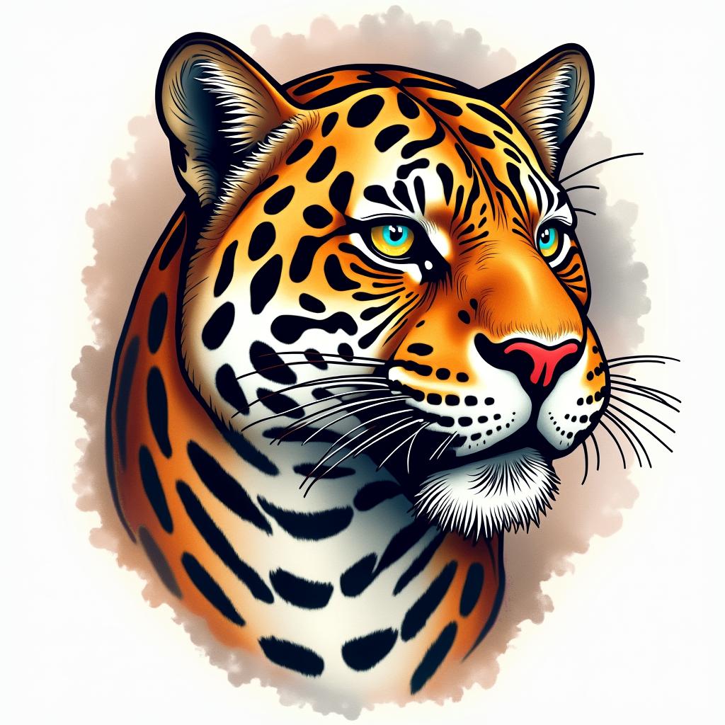 Jaguar tattoo with the Fibonacci sequencein pop art style tattoo, featuring bold and vibrant colors, exaggerated outlines, iconic imagery, inspired by comic books and speech bubbles, comic book characters, retro pop culture - Variation 2