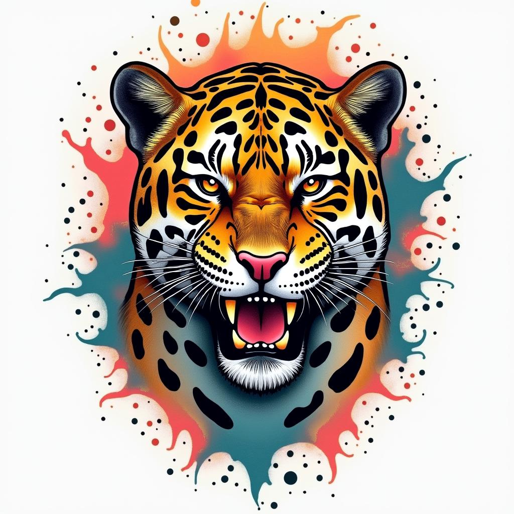 Jaguar tattoo with the Fibonacci sequencein pop art style tattoo, featuring bold and vibrant colors, exaggerated outlines, iconic imagery, inspired by comic books and speech bubbles, comic book characters, retro pop culture