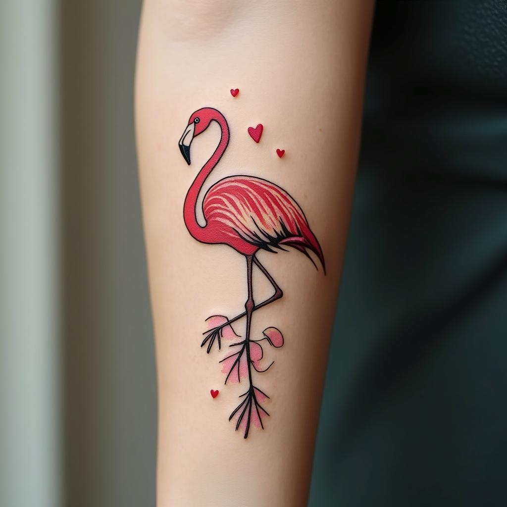Dandelion flamingo “just breathe”in Modest style tattoo, featuring soft, delicate line work with simple and meaningful symbols, gentle waves, a heart, evoking a sense of serenity and grace, - Variation 2