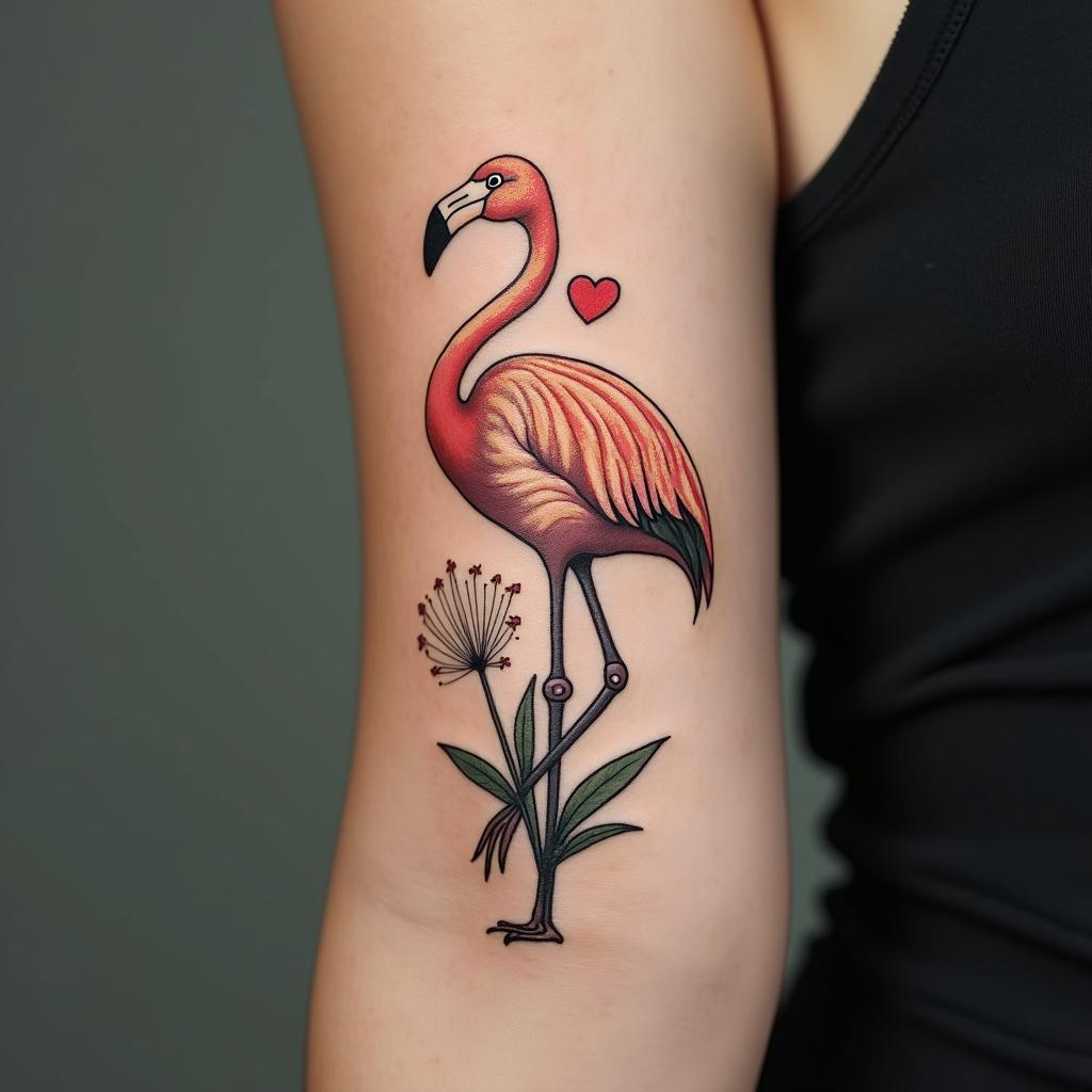 Dandelion flamingo “just breathe”in Modest style tattoo, featuring soft, delicate line work with simple and meaningful symbols, gentle waves, a heart, evoking a sense of serenity and grace, - Variation 4