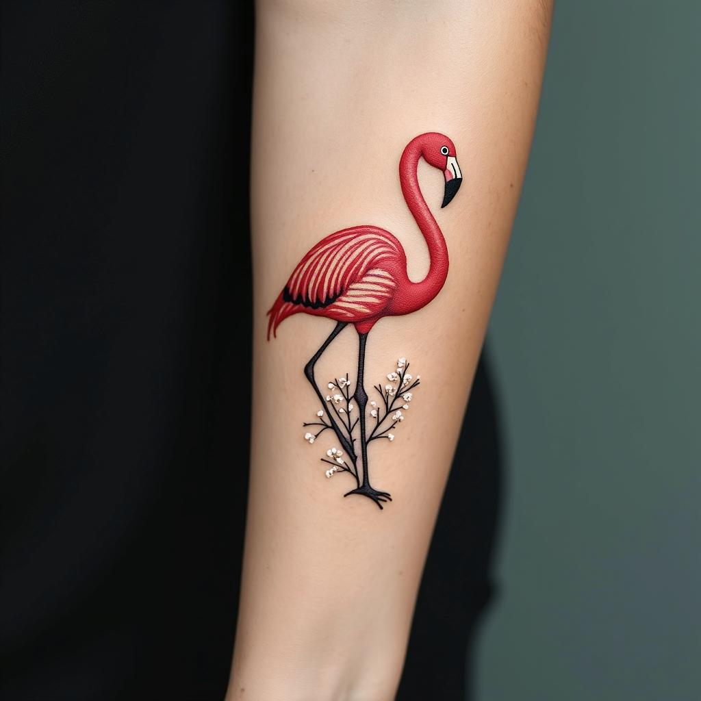 Dandelion flamingo “just breathe”in Modest style tattoo, featuring soft, delicate line work with simple and meaningful symbols, gentle waves, a heart, evoking a sense of serenity and grace,