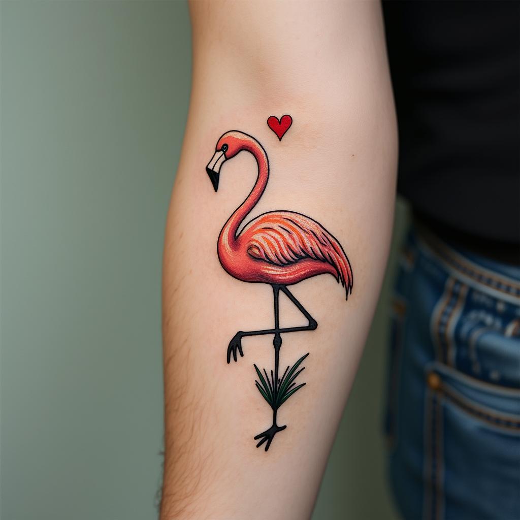Dandelion flamingo “just breathe”in Modest style tattoo, featuring soft, delicate line work with simple and meaningful symbols, gentle waves, a heart, evoking a sense of serenity and grace, - Variation 3