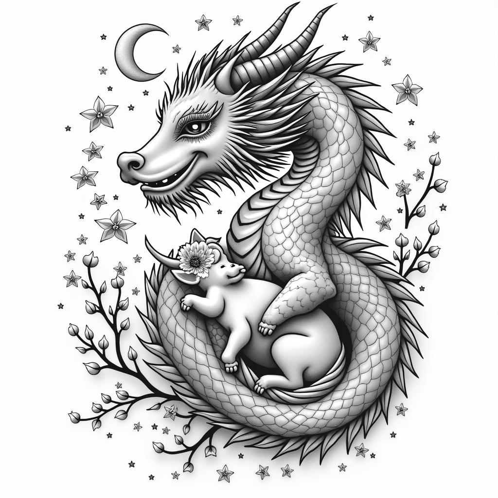 Dragon covered in cherry blossoms, protecting a baby cow in prophecy tattoo style, featuring mystical symbols, celestial imagery like stars, moons, suns, geometric patterns, foretelling elements, an eye of wisdom - Variation 3