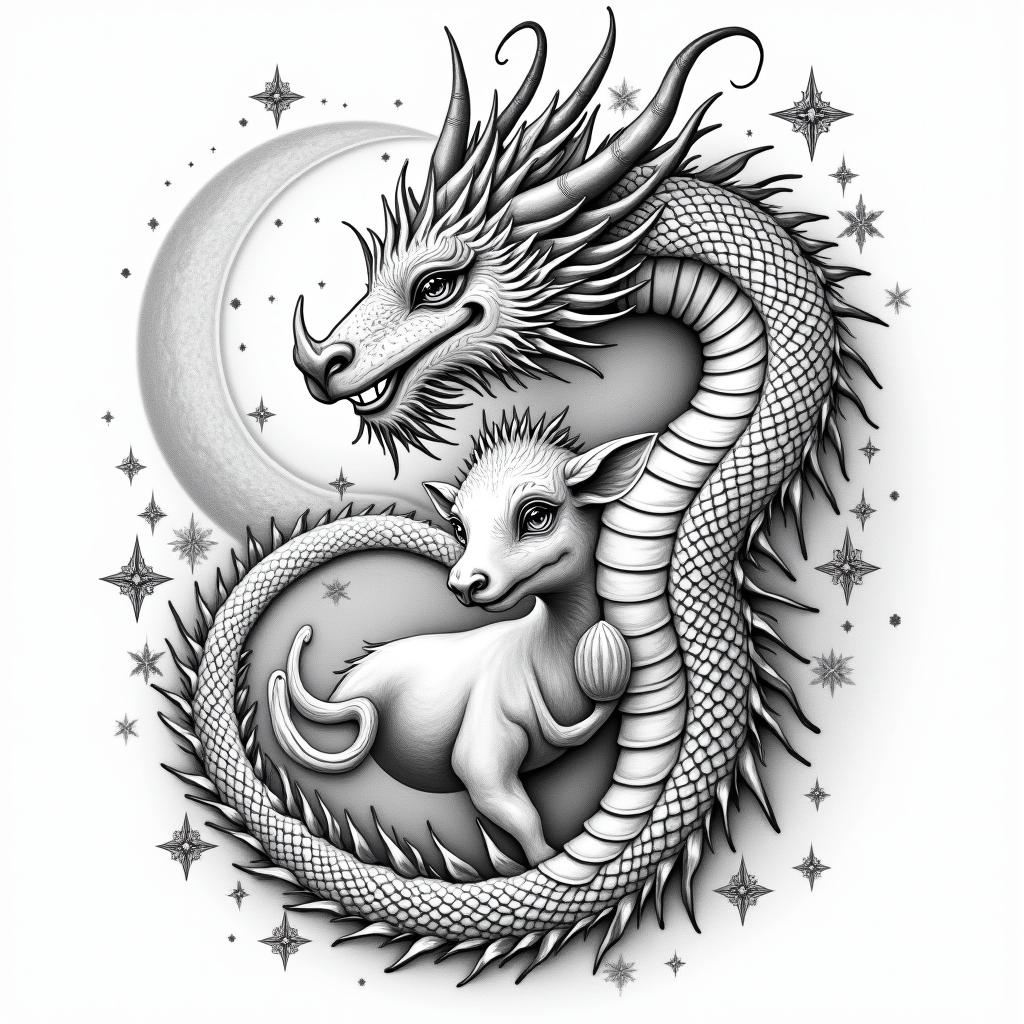 Dragon covered in cherry blossoms, protecting a baby cow in prophecy tattoo style, featuring mystical symbols, celestial imagery like stars, moons, suns, geometric patterns, foretelling elements, an eye of wisdom - Variation 4