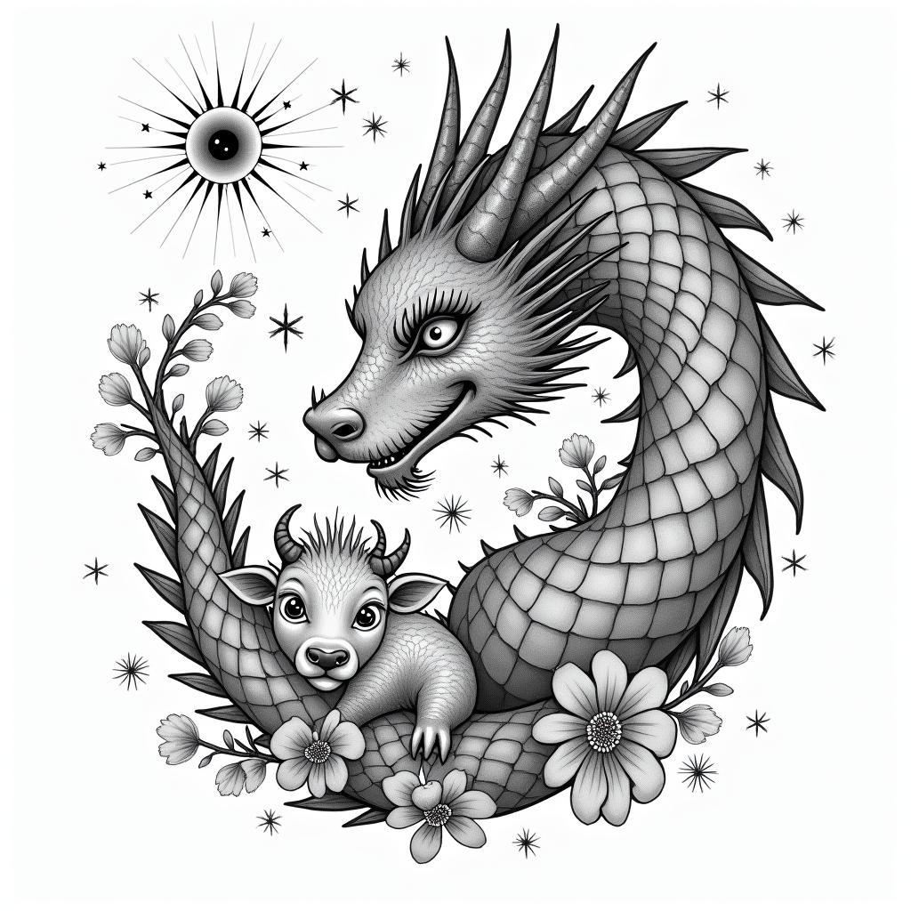 Dragon covered in cherry blossoms, protecting a baby cow in prophecy tattoo style, featuring mystical symbols, celestial imagery like stars, moons, suns, geometric patterns, foretelling elements, an eye of wisdom - Variation 2
