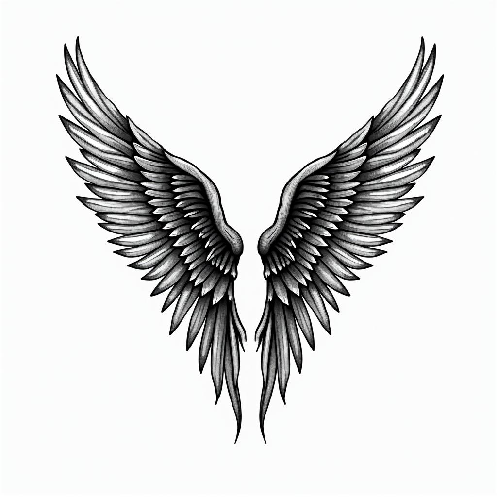Angel wings with detailed feathersin authentic tattoo style, incorporating traditional modifications, bold black outlines, solid color fills, featuring classic authentic elements - Variation 5
