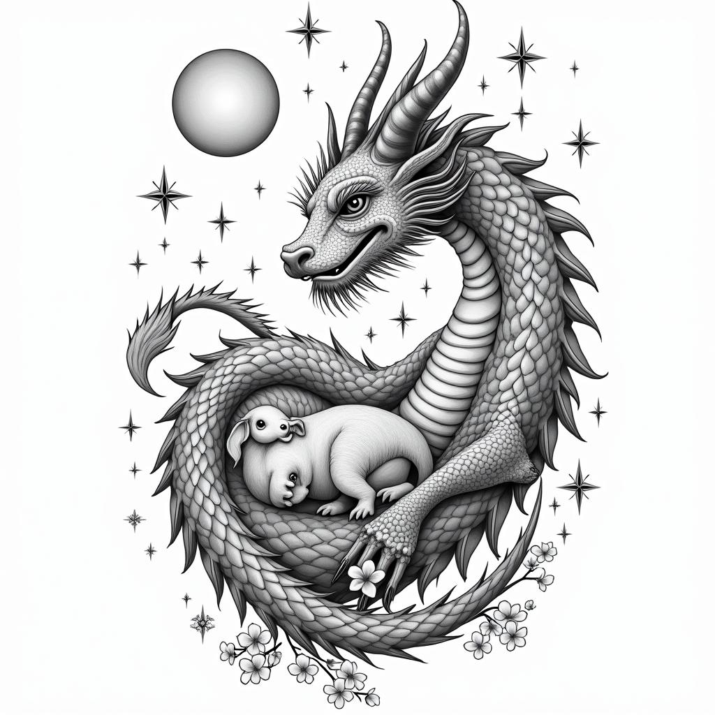 Dragon covered in cherry blossoms, protecting a baby cow in prophecy tattoo style, featuring mystical symbols, celestial imagery like stars, moons, suns, geometric patterns, foretelling elements, an eye of wisdom