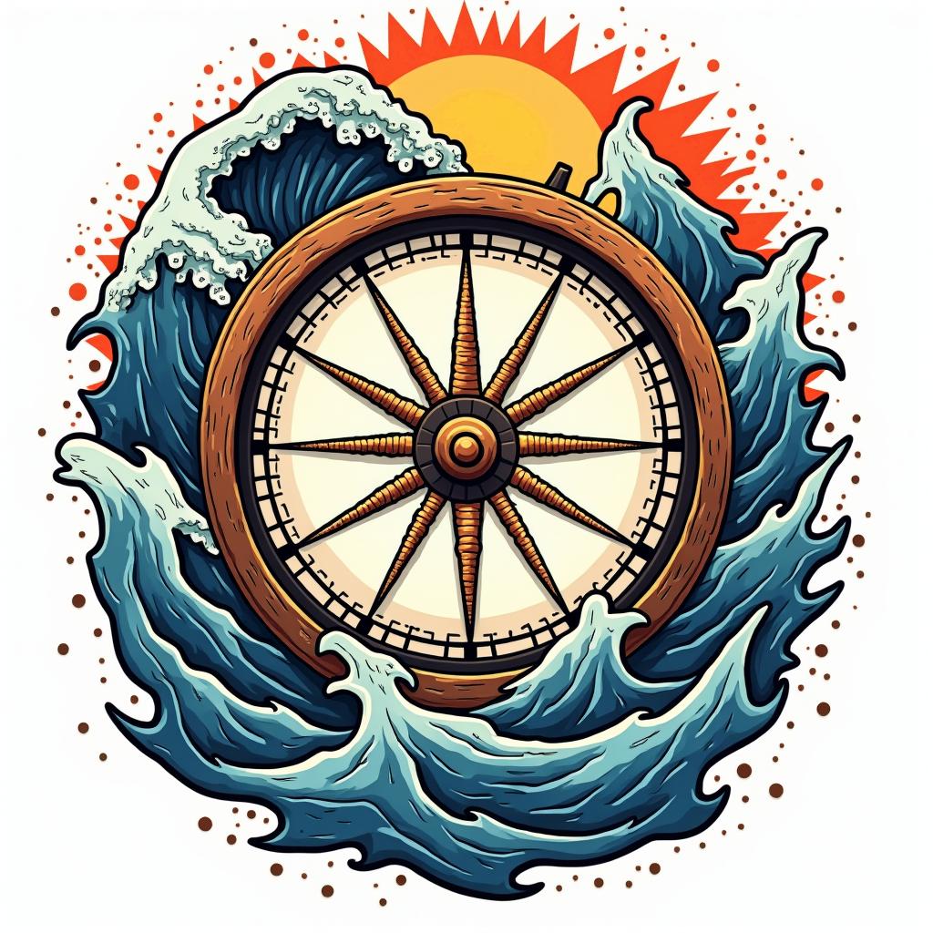 Compass surrounded by ocean wavesin pop art style tattoo, featuring bold and vibrant colors, exaggerated outlines, iconic imagery, inspired by comic books and speech bubbles, comic book characters, retro pop culture - Variation 4