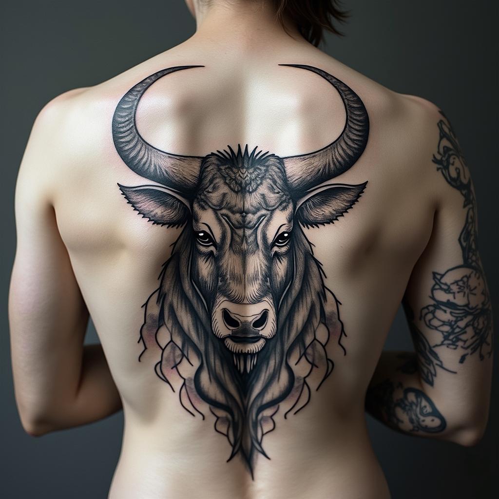 Taurus bullin japanese style tattoo, detailed tattoo, traditional japanese culture tattoo, mythology, 8k - Variation 4