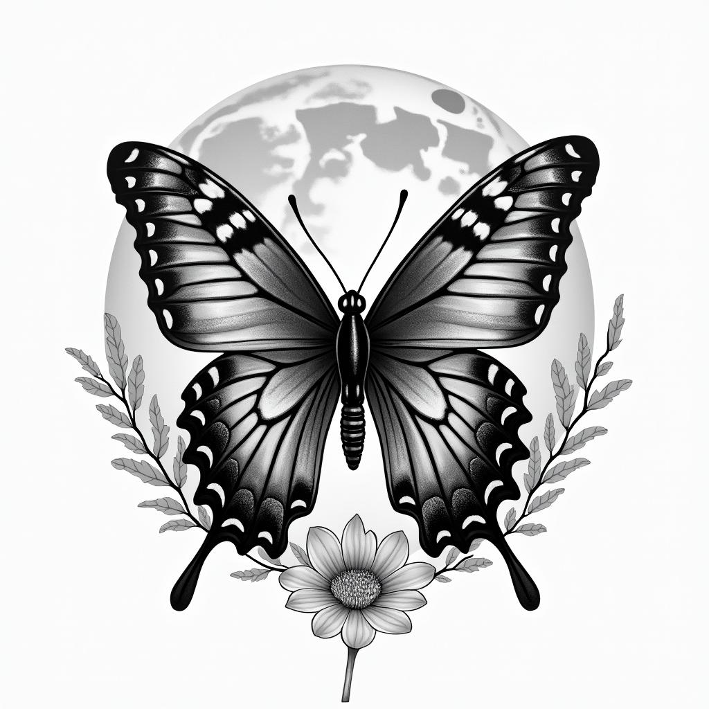 Butterfly, moon, seain portrait tattoo style, featuring a highly realistic and detailed depiction 