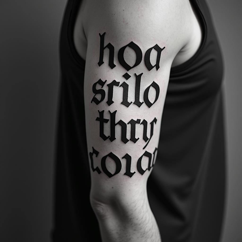tiyeshatext-based tattoo, gothic font ultra-realistic, perfectly placed, high-quality font design, photo-realistic shading, 8k, high quality, finely detailed typography