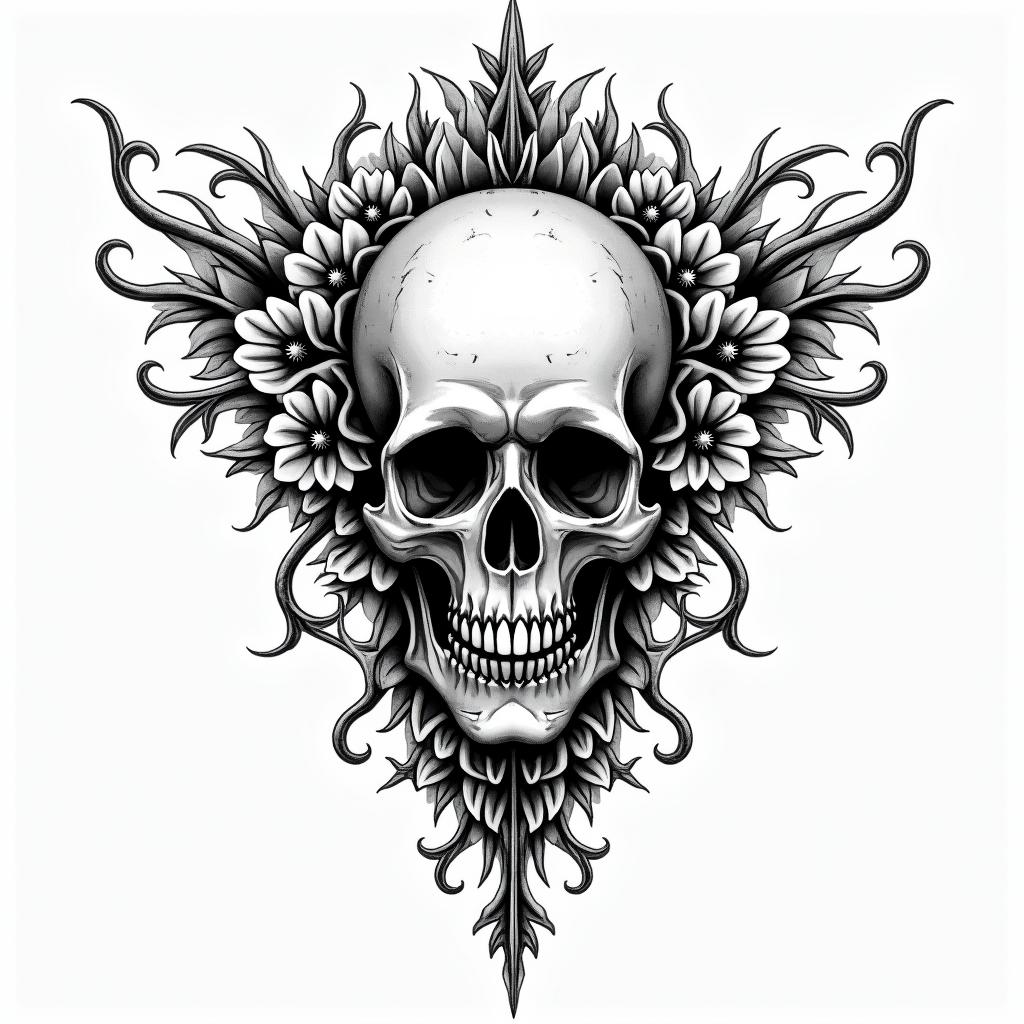 Tattoo about deathin ornamental tattoo style, featuring intricate symmetrical patterns and floral designs, showcasing highly detailed line work and geometric shapes, creating a sense of elegance and balance - Variation 2
