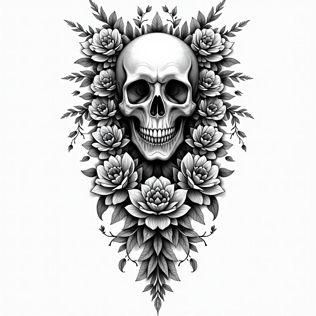 Tattoo about deathin ornamental tattoo style, featuring intricate symmetrical patterns and floral designs, showcasing highly detailed line work and geometric shapes, creating a sense of elegance and balance - Variation 4