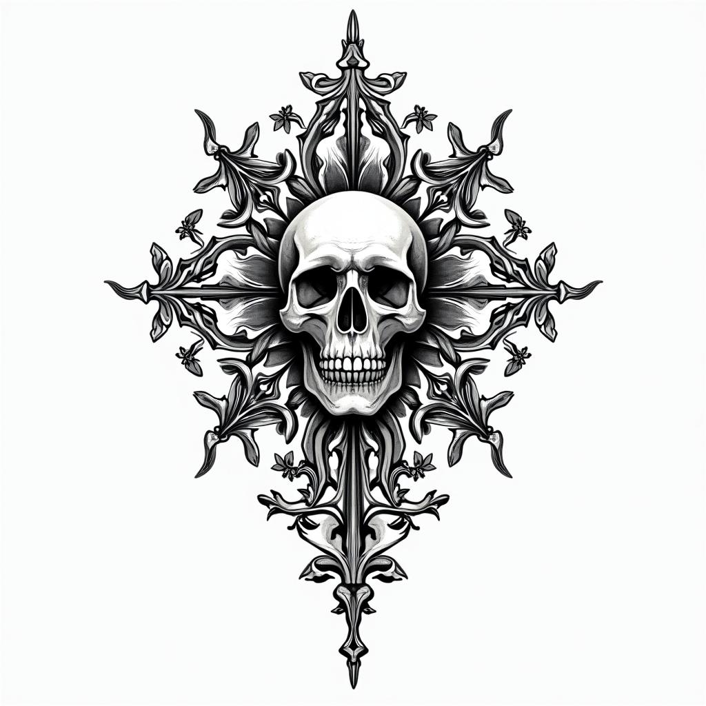 Tattoo about deathin ornamental tattoo style, featuring intricate symmetrical patterns and floral designs, showcasing highly detailed line work and geometric shapes, creating a sense of elegance and balance