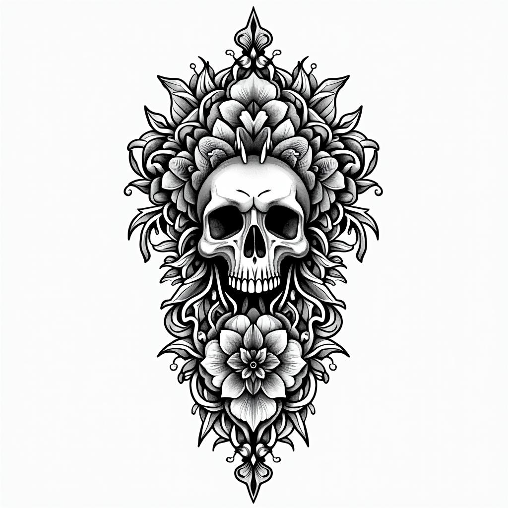 Tattoo about deathin ornamental tattoo style, featuring intricate symmetrical patterns and floral designs, showcasing highly detailed line work and geometric shapes, creating a sense of elegance and balance - Variation 3