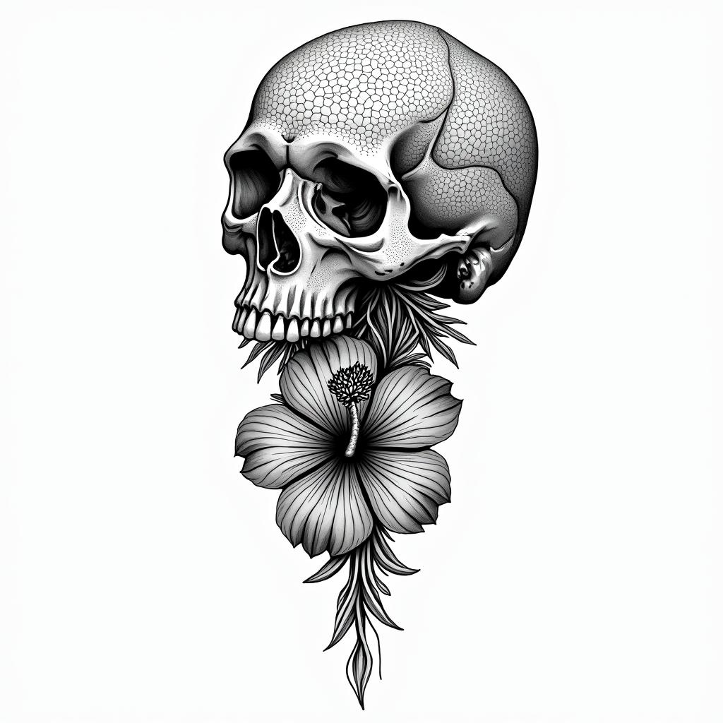Skull and hibiscus flower hang loosein dotwork style tattoo, complex mandala patterns, interlocking geometric shapes with sharp symmetry, clean lines, sharp angles - Variation 3