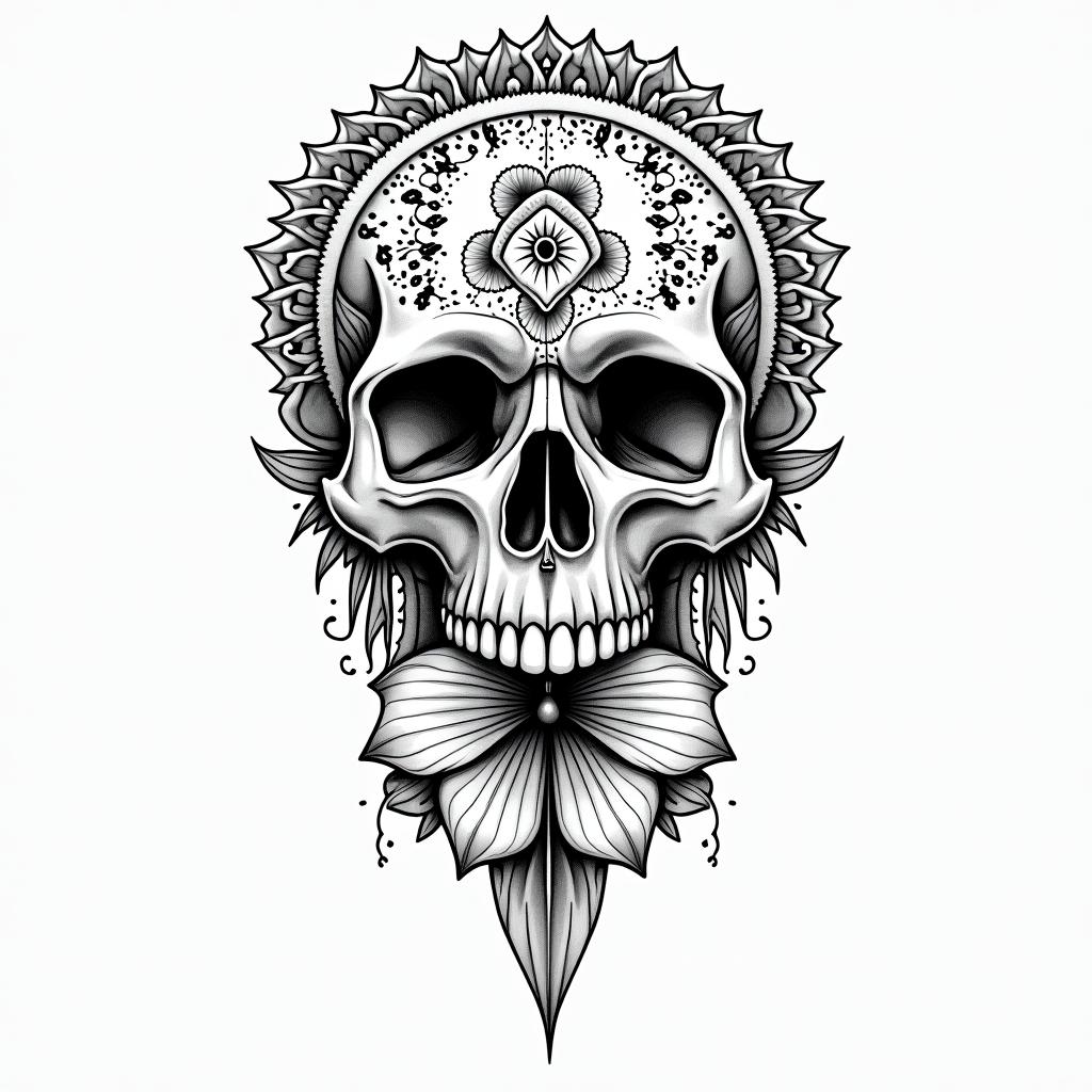Skull and hibiscus flower hang loosein dotwork style tattoo, complex mandala patterns, interlocking geometric shapes with sharp symmetry, clean lines, sharp angles