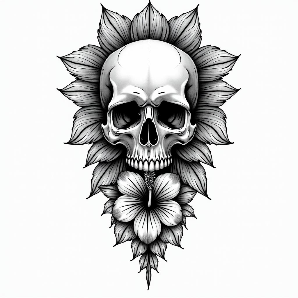 Skull and hibiscus flower hang loosein dotwork style tattoo, complex mandala patterns, interlocking geometric shapes with sharp symmetry, clean lines, sharp angles - Variation 4