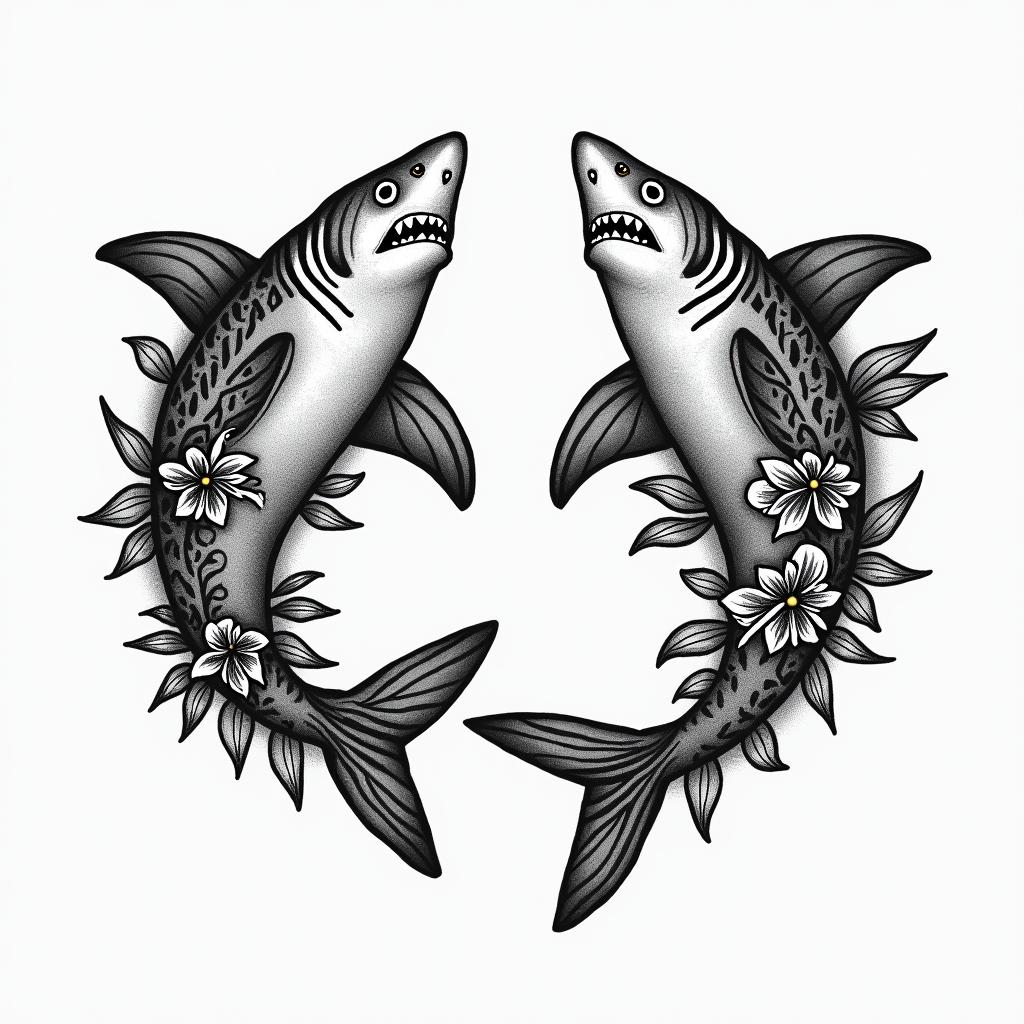 Make a Polynesian shark on the right pec and a turtle on the left pec.in ornamental tattoo style, featuring intricate symmetrical patterns and floral designs, showcasing highly detailed line work and geometric shapes, creating a sense of elegance and balance - Variation 2