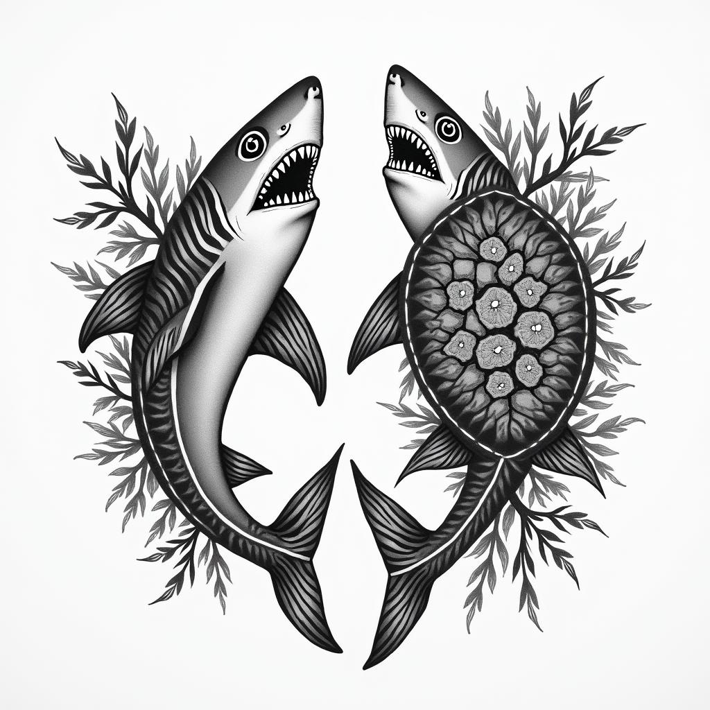 Make a Polynesian shark on the right pec and a turtle on the left pec.in ornamental tattoo style, featuring intricate symmetrical patterns and floral designs, showcasing highly detailed line work and geometric shapes, creating a sense of elegance and balance - Variation 4