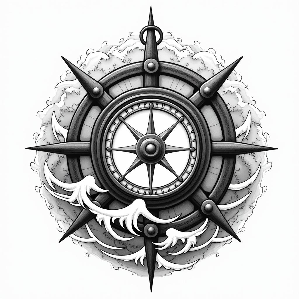 Compass surrounded by ocean wavesin japanese style tattoo, detailed tattoo, traditional japanese culture tattoo, mythology, 8k - Variation 3