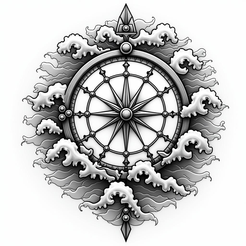 Compass surrounded by ocean wavesin japanese style tattoo, detailed tattoo, traditional japanese culture tattoo, mythology, 8k - Variation 4