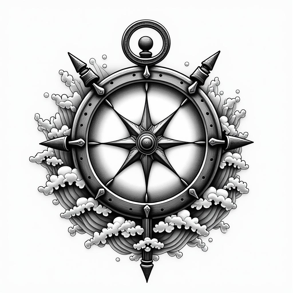 Compass surrounded by ocean wavesin japanese style tattoo, detailed tattoo, traditional japanese culture tattoo, mythology, 8k