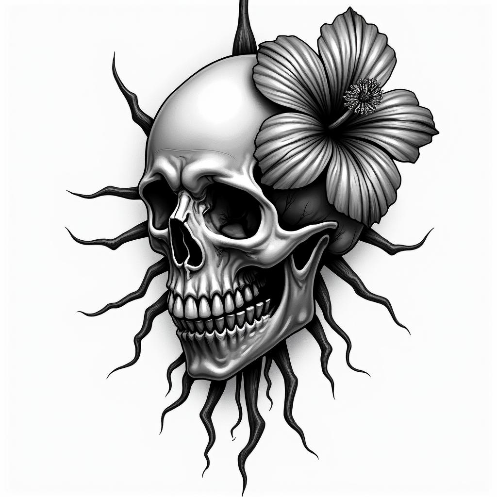Skull and hibiscus flower hang loose in horror tattoo style, showcasing haunting and unsettling, dark and gritty textures with skulls, eerie faces, jgged designs, bold and intense shading - Variation 3