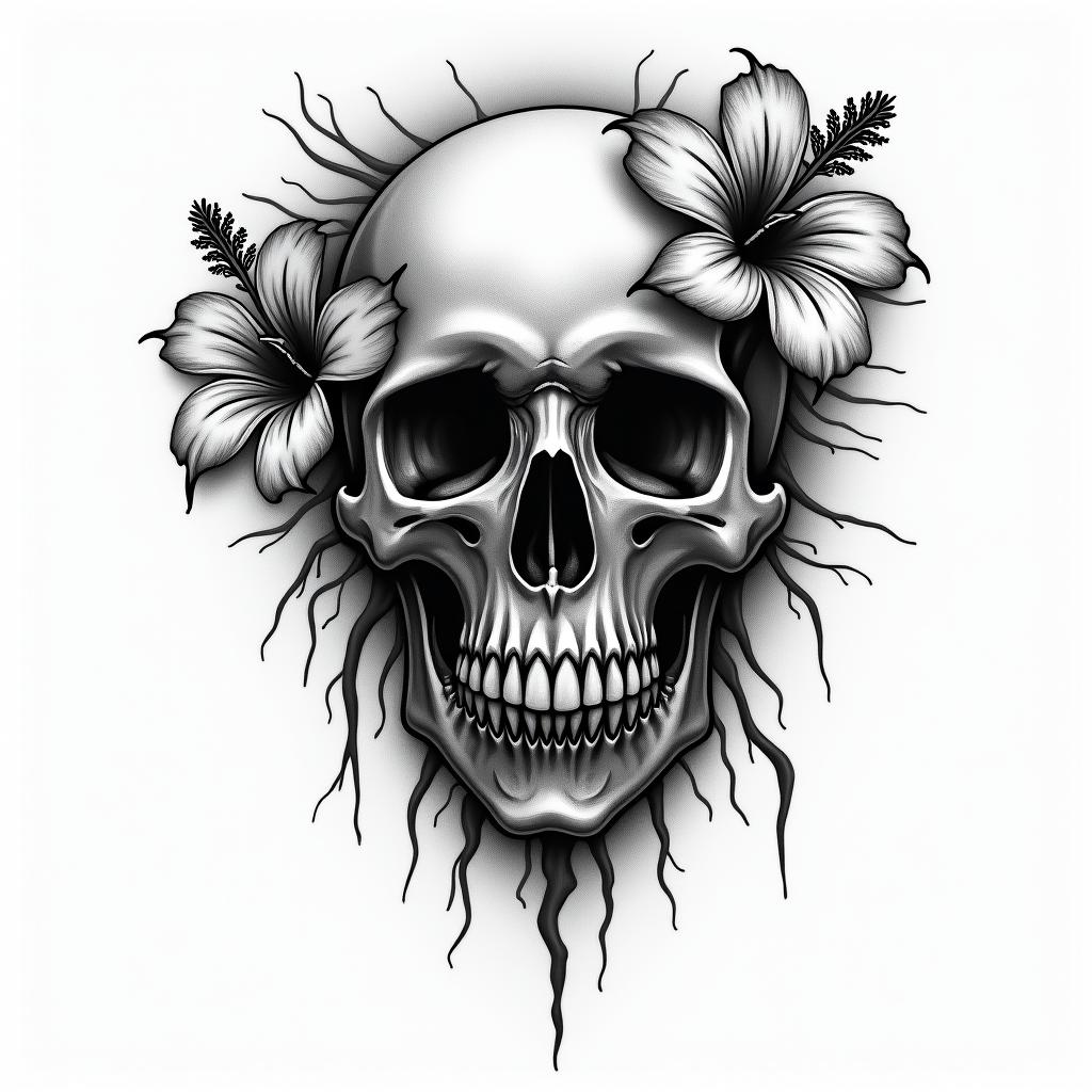 Skull and hibiscus flower hang loose in horror tattoo style, showcasing haunting and unsettling, dark and gritty textures with skulls, eerie faces, jgged designs, bold and intense shading