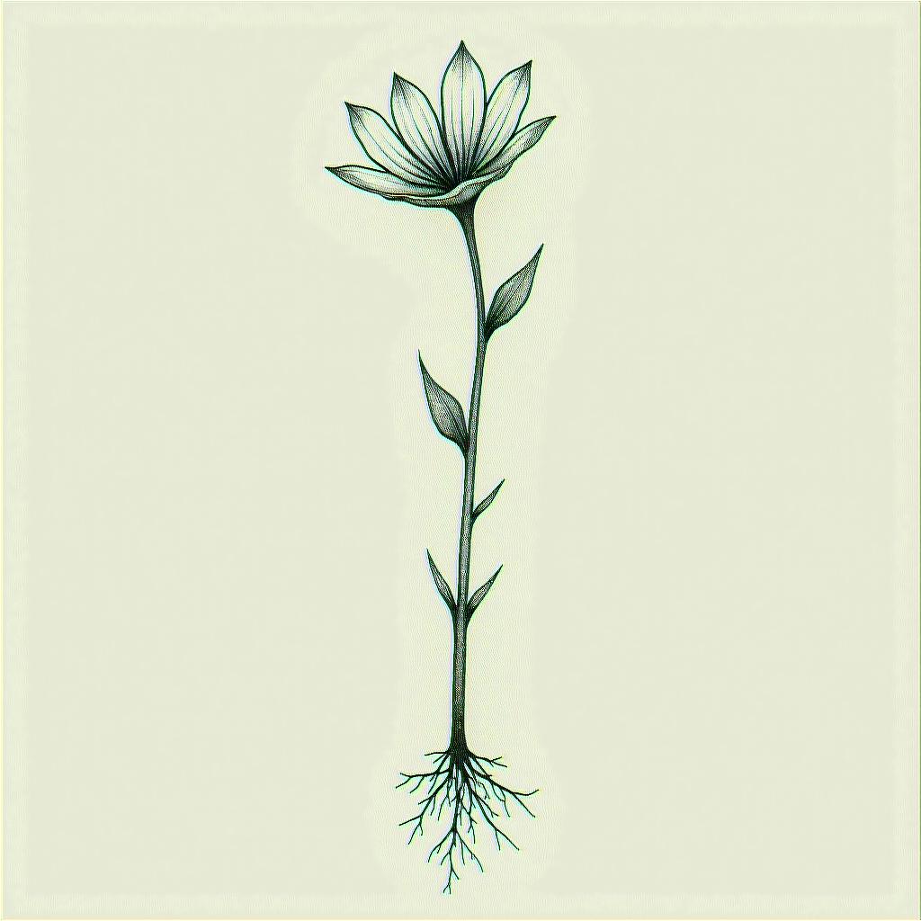 Hysinth with one flower
with a bulb, include gentle rootsin minimalist style tattoo, featuring simple shapes and fine lines, with minimal shading and details, tiny triangles, creating a sense of balance and harmony - Variation 4