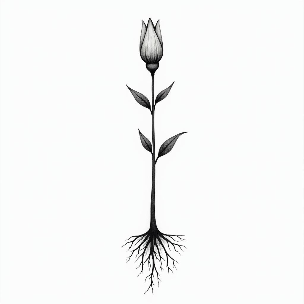 Hysinth with one flower
with a bulb, include gentle rootsin minimalist style tattoo, featuring simple shapes and fine lines, with minimal shading and details, tiny triangles, creating a sense of balance and harmony - Variation 2