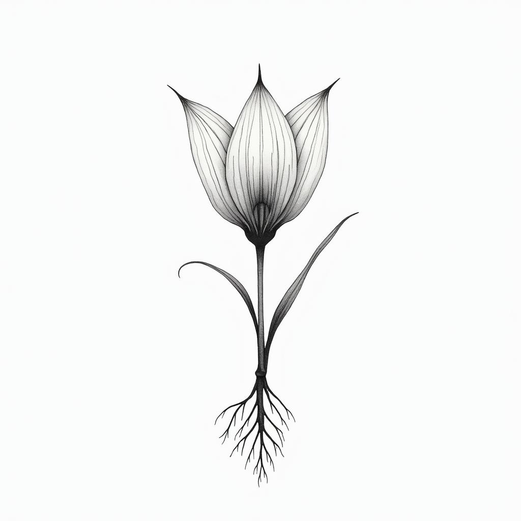 Hysinth with one flower
with a bulb, include gentle rootsin minimalist style tattoo, featuring simple shapes and fine lines, with minimal shading and details, tiny triangles, creating a sense of balance and harmony - Variation 3