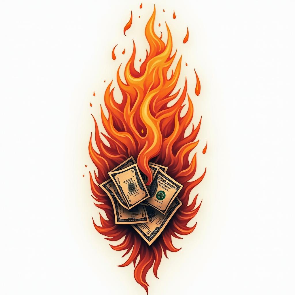 Get moneyin flame tattoo style showcasing fiery elements with dynamic flame patterns, glowing effect of flames, natural colors